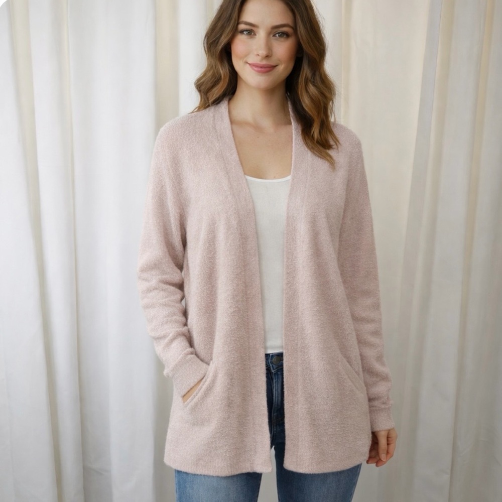 Barefoot Dreams CozyChic Lite Rolled Cuff Open Front Cardigan in Pale Blush Sz M